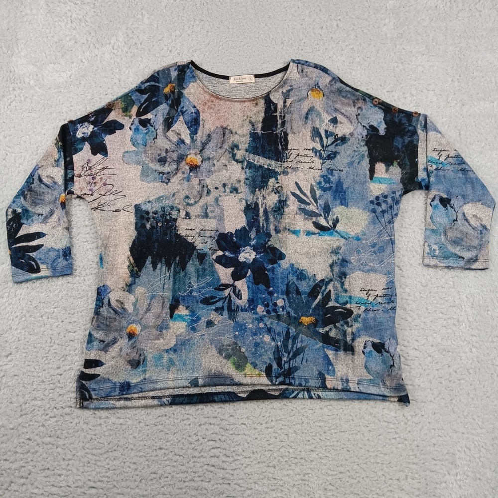 Jess & Jane Top Womens Large Blue Floral Button Shoulder FB9-1858 Carolina